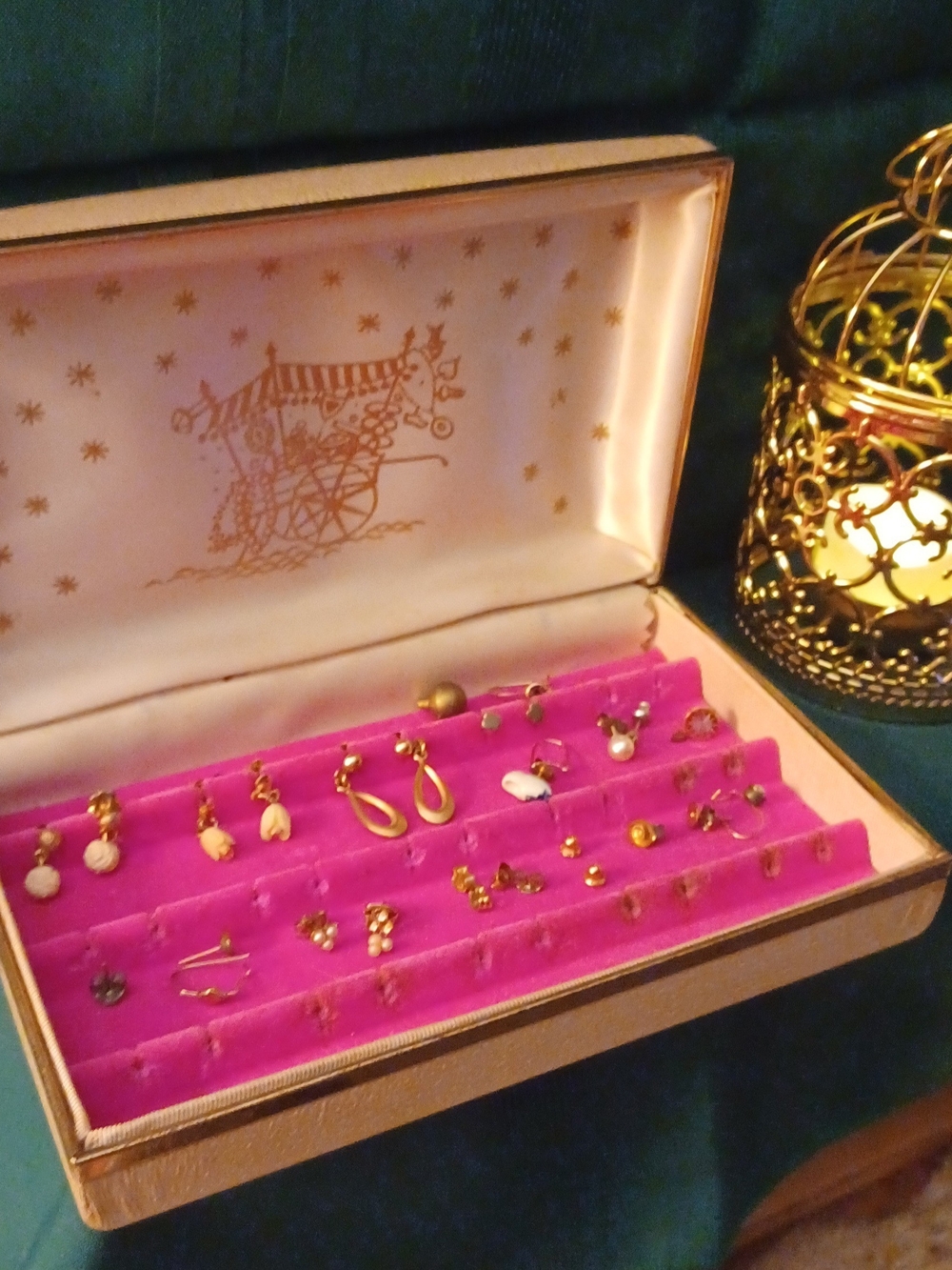 Gold Tone Earrings Set in Pink Velvet Organizer